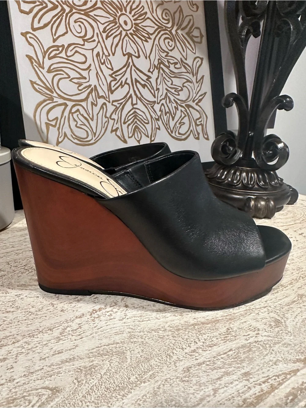 Jessica Simpson Black Leather Platform Wedge  Sandals Faux Wood Heel Size 7.5